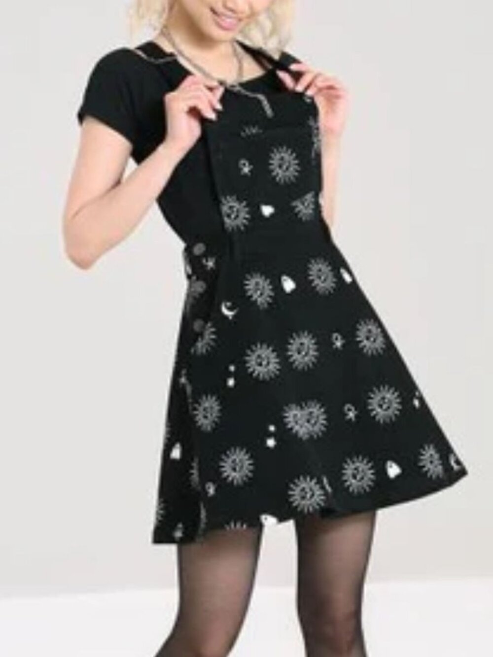 Hell Bunny Pinafore Overall Dress 2XL Black Embroidered Celestial Denim Jumper